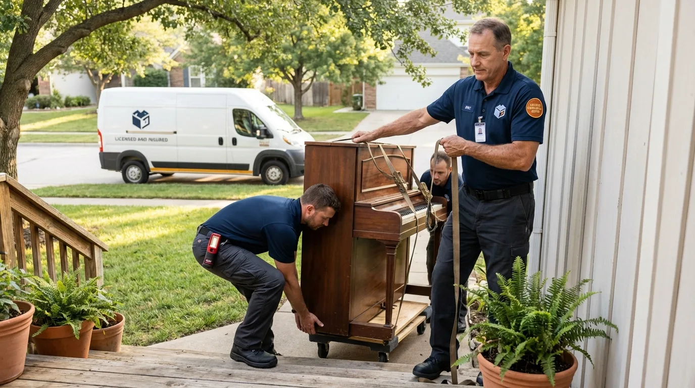 Licensed piano movers securing grand piano in Soldotna, AK