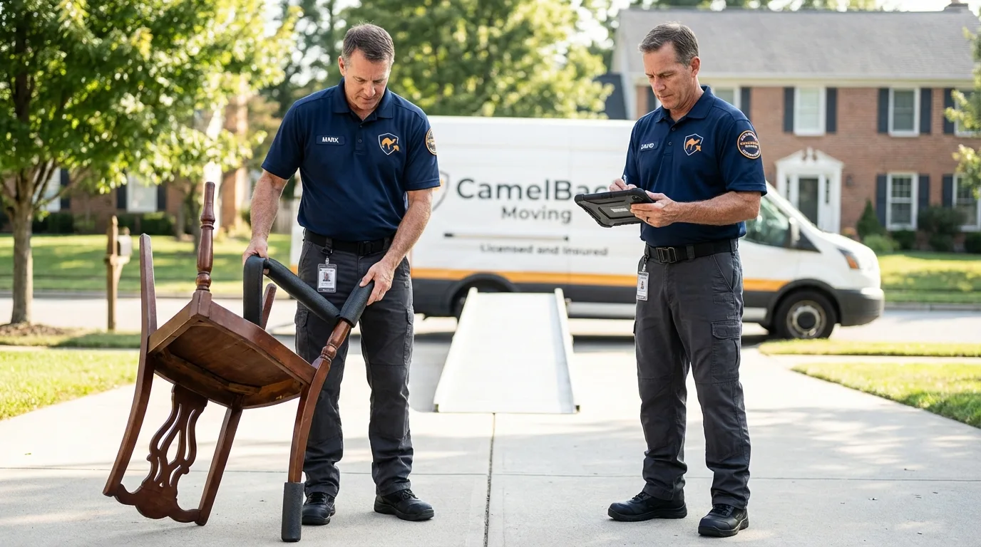 Movers inspecting furniture for damage prevention before loading in Soldotna, AK