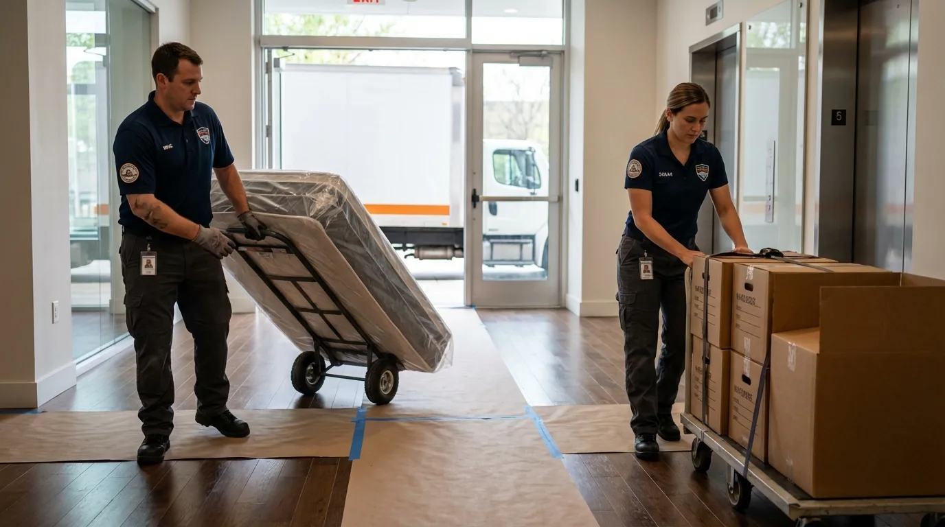 Professional apartment movers loading elevator in Soldotna, AK