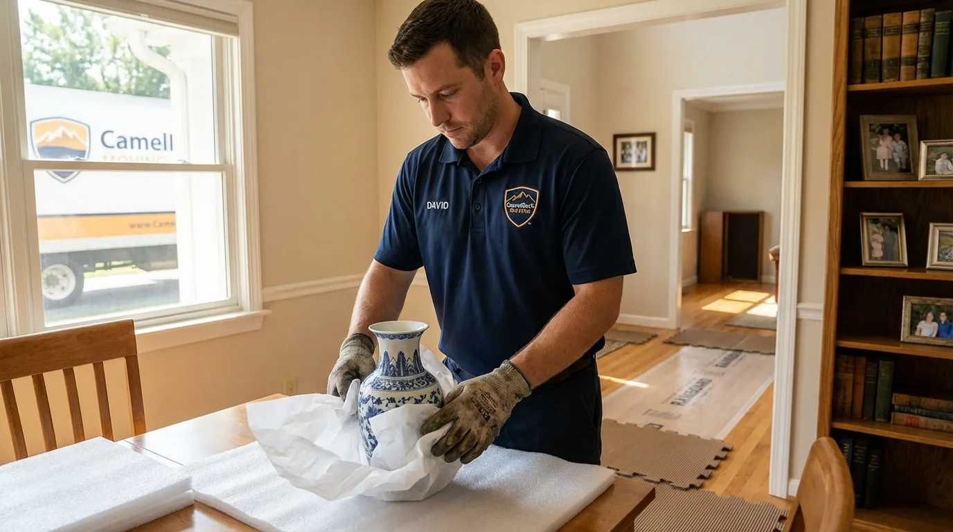 Professional crew carefully wrapping antique vase for senior downsizing move in Soldotna, AK